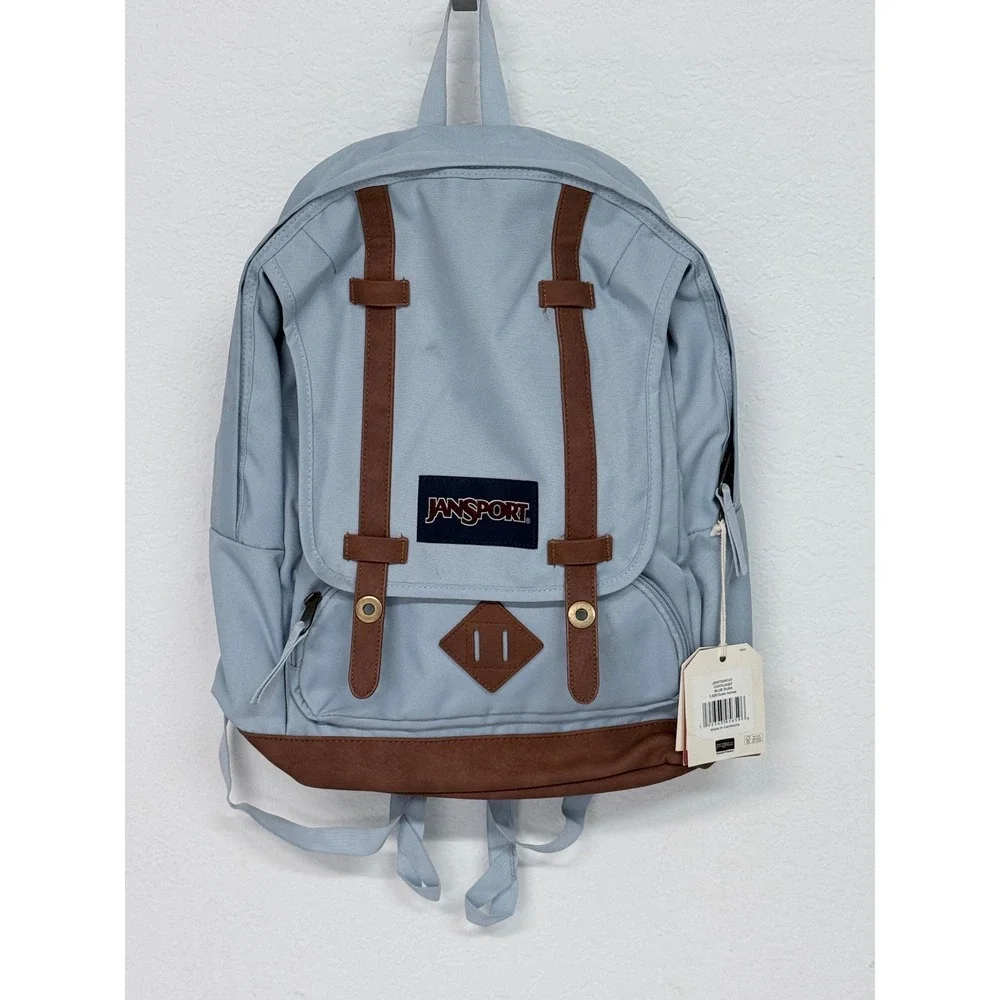 JanSport Cortlandt Backpack Blue Dusk Brown Faux Leather Trim JS0A2T3N78Y NWT